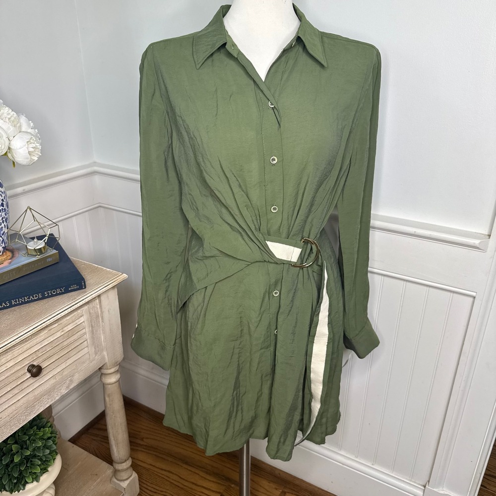 Zara Olive Green Textured‎ Modal Blend D-Ring Belted Mini Shirt Dress NWT Large